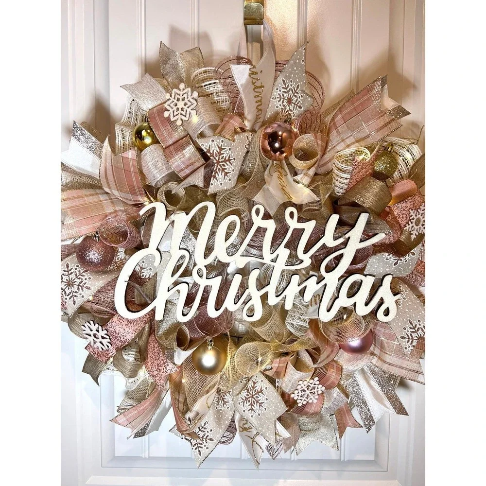 Christmas Snowflake Holiday Ribbon Door Wreath Handmade 22 ins LED W42 Gold Pink